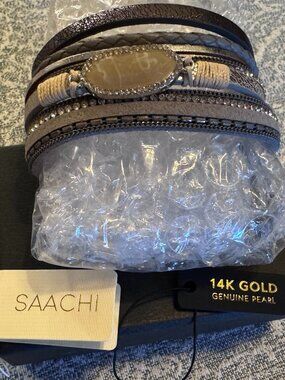 SAACHI Reno Rhinestone Multi-Strand Leather Magnetic Cuff Bracelet  - Worn once
